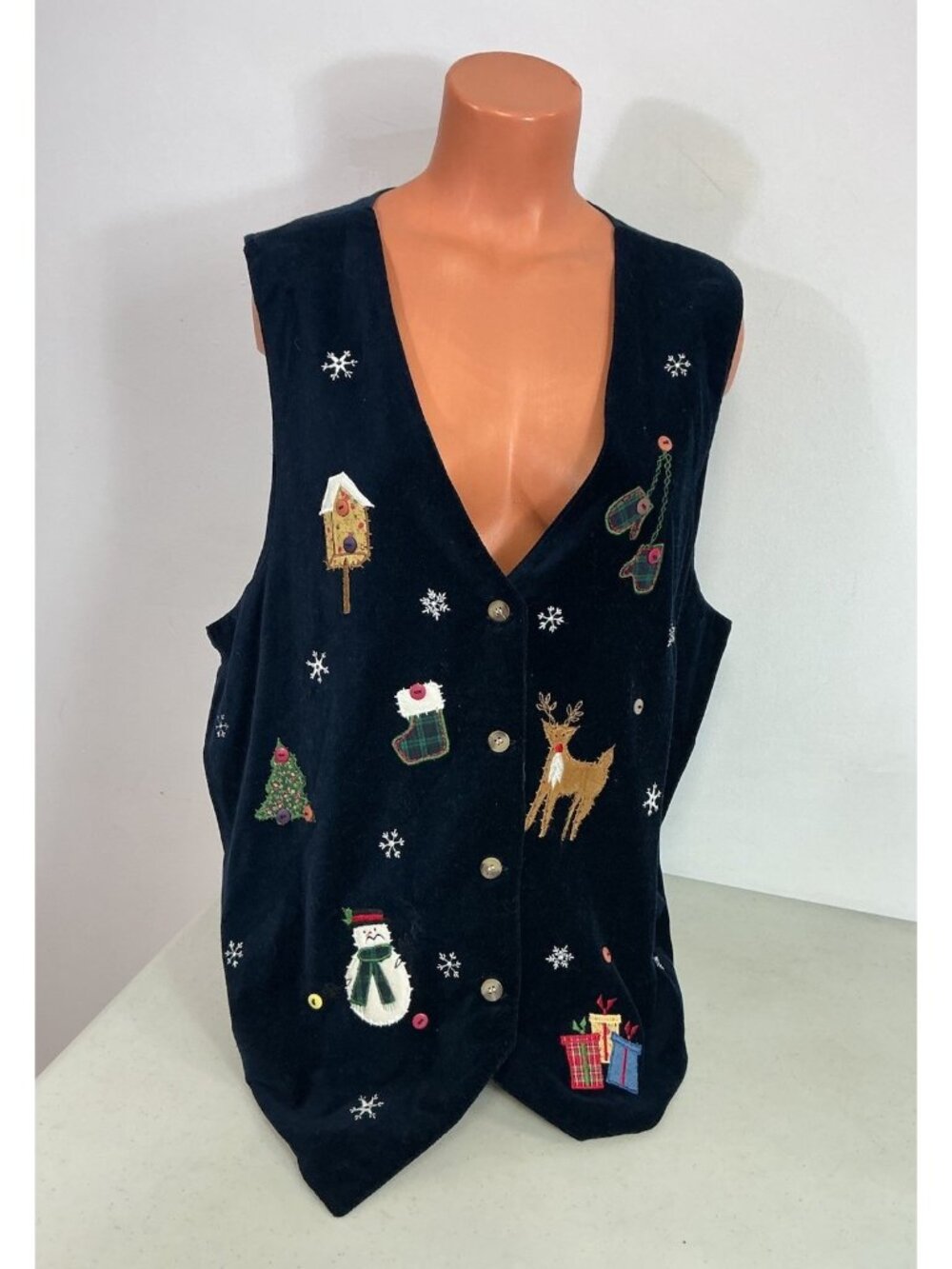Victoria Jones Blue Velvet Christmas Vest Embroidered Womens 2X